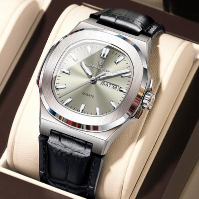 Quick Pick Pro POEDAGAR Executive Leather Men Business Watch With Luminous Date Display silver Gun