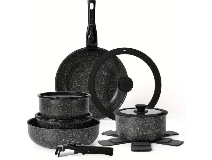 Ensemble de casseroles et poêles antiadhésives, 15 pièces, ustensiles de cuisine avec poignée amovible, ensemble de cuisine antiadhésif pour camping-car, poignées amovibles