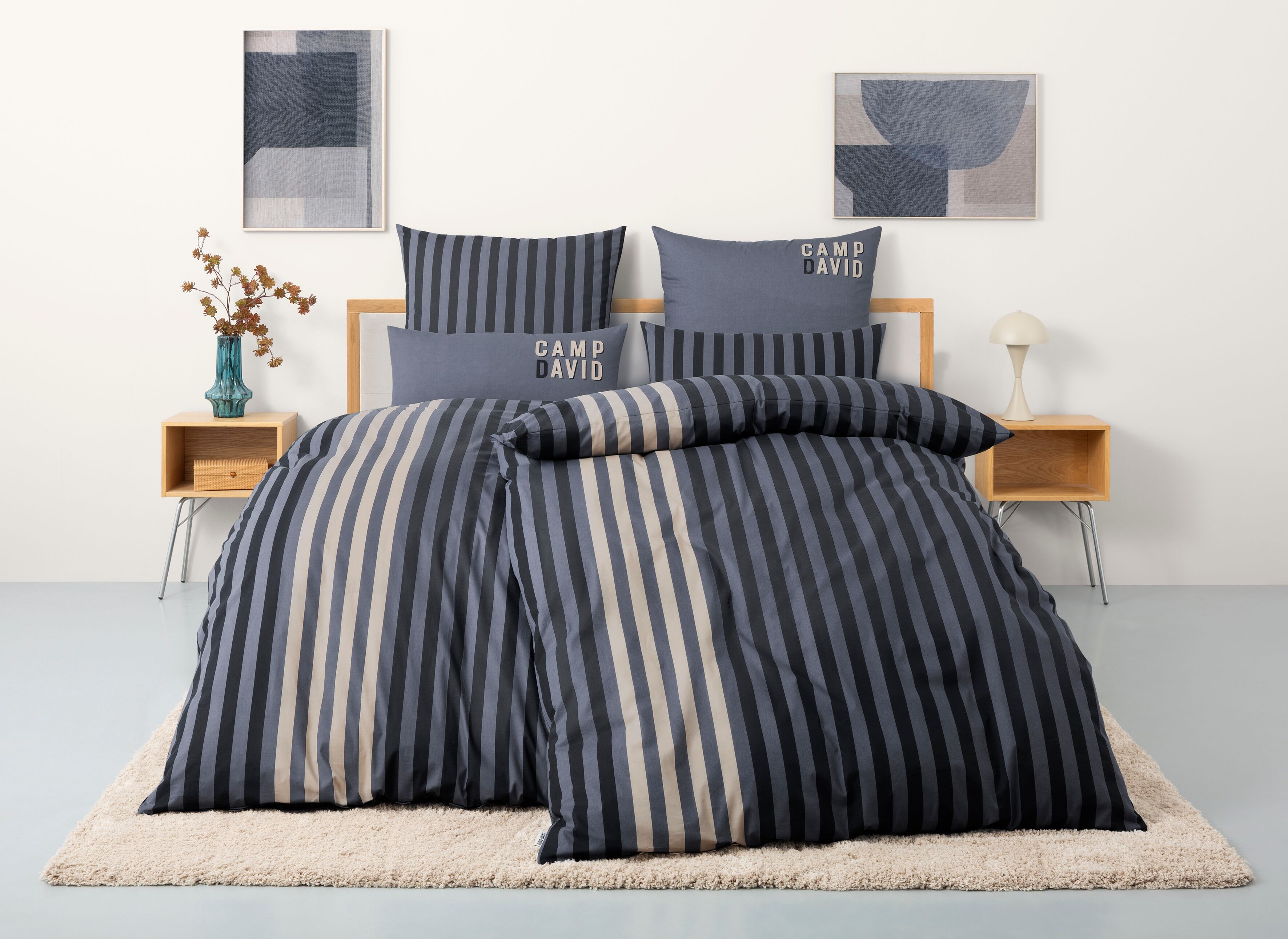 Bettwäsche CAMP DAVID "Levvi", blau (marine), B/L: 135cm x 200cm, 1 Stk., 1 Stk., Renforcé, B/L: 40cm x 80cm, 3 tlg., Renforcé, Obermaterial: 100% Baumwolle, Bettwäsche, Bettwäsche, NEUHEIT Bettwäsche ab 135x200cm, mit Streifen & Logo-Print marine B/L: 13