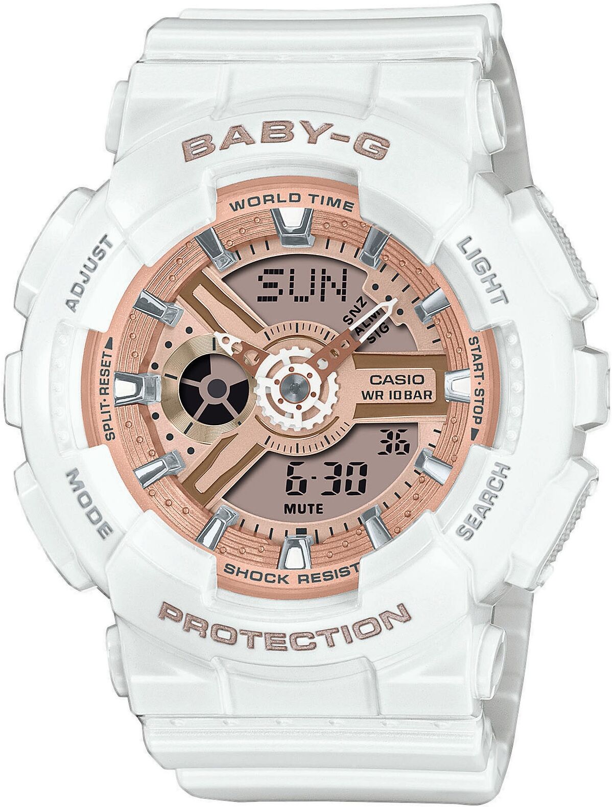 Chronograph CASIO BABY-G, rosa (weiß, roségoldfarben), Armbanduhren, Damen, weiß, Chronograph, Quarzuhr, Armbanduhr, Damenuhr, analog, digital