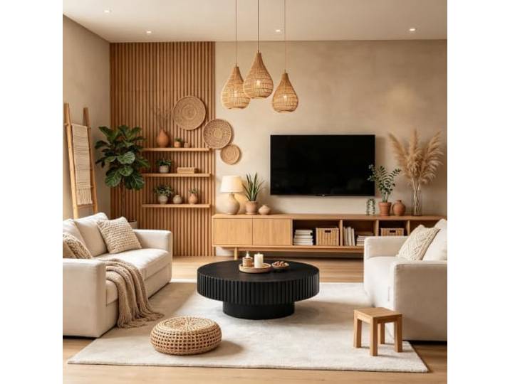 NJLyuhome Black Round Coffee Table with Grooved Edge, Solid Wood Detail, Modern Side Table for Living Room