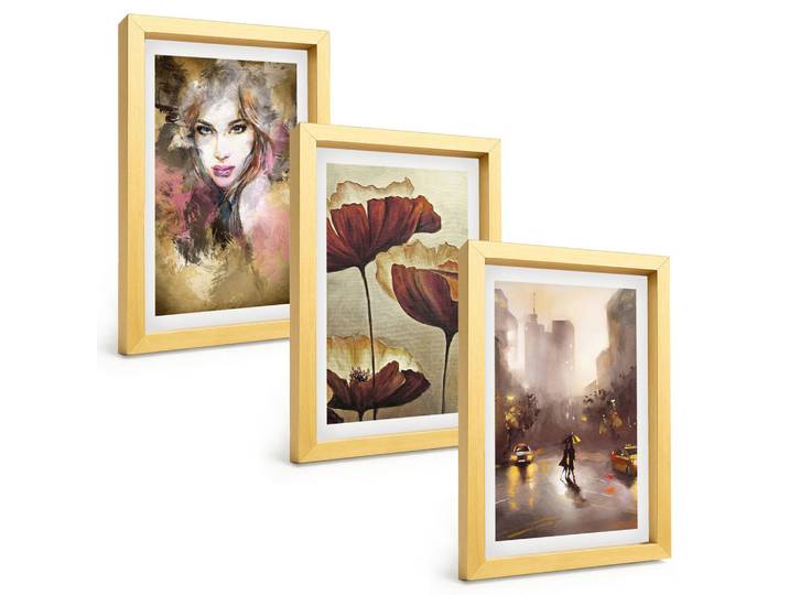 Tulup Bilder SET 3er Set - 20x30 cm Goldrahmen - Abstraktes Porträt einer Frau mit Blumen und Regen, Goldfarben, Kunststoff, Rechteckig, 20x30 cm, Fotografie, Bilder & Rahmen, Bilder