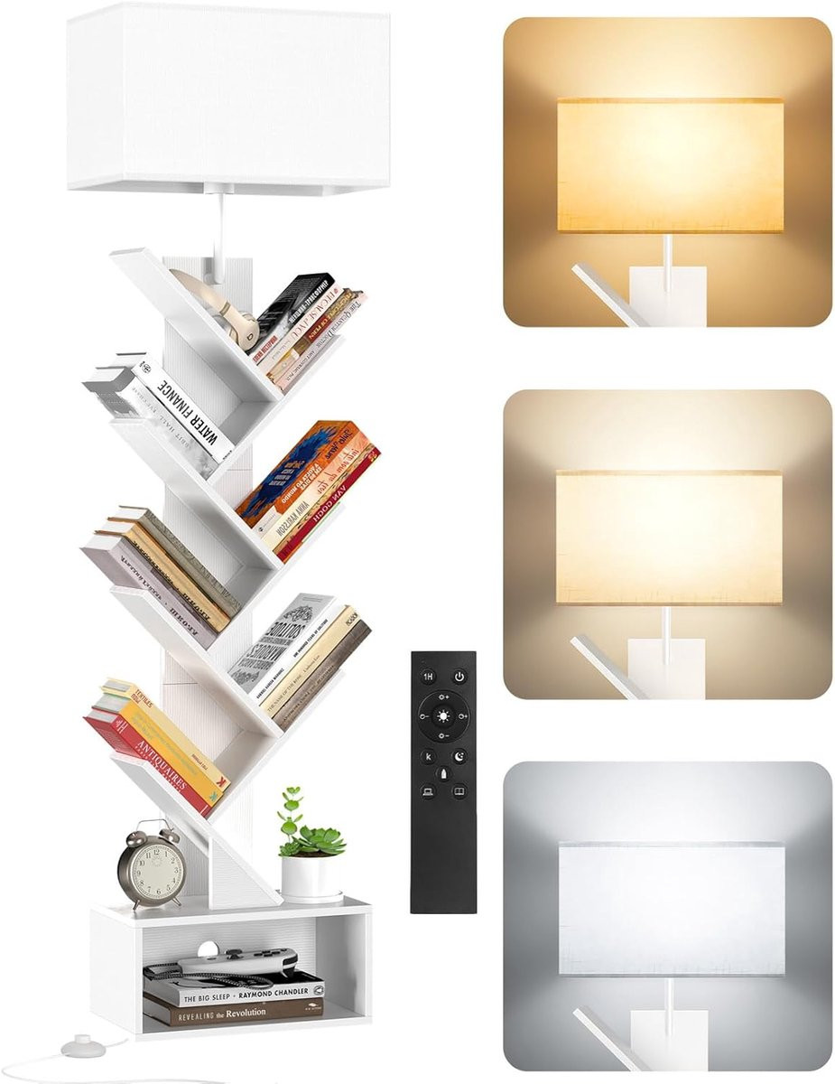 Boomvormige Boekenkast met Verlichting en 6 Niveaus, Wit Hoekrek voor Woonkamer en Slaapkamer