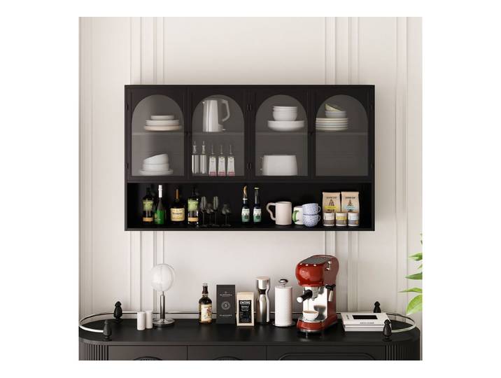 Fine Life Pro Hängeschrank 120CM Wandhängender Glas-Schrank, Grau, Schwarz Mit vier Türen, für Küche, Wohnzimmer & Badezimmer
