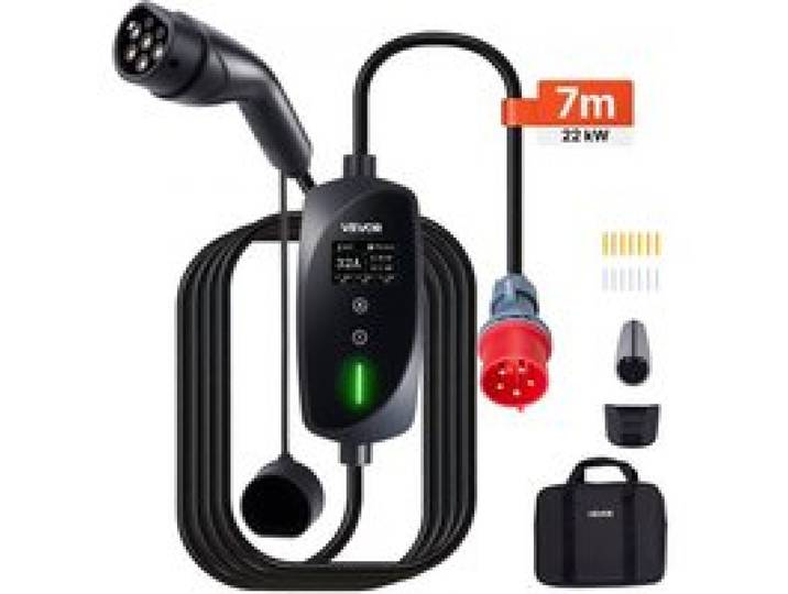 VEVOR Chargeur Voiture Électrique 22 kW Borne de Recharge Véhicule Électrique Mobile 32 A avec Câble Recharge Type 2 7 m, Prise CEE 32 A Triphasé, Écran LCD, Courant Réglable, Boîtier de Commande IP66