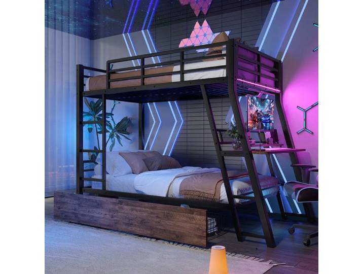 Lit Superposé 2x90x200cm - Bureau Integré - 2 Tiroirs Rangement - Éclairage LED Telecommande - Certification EN747 - Noir