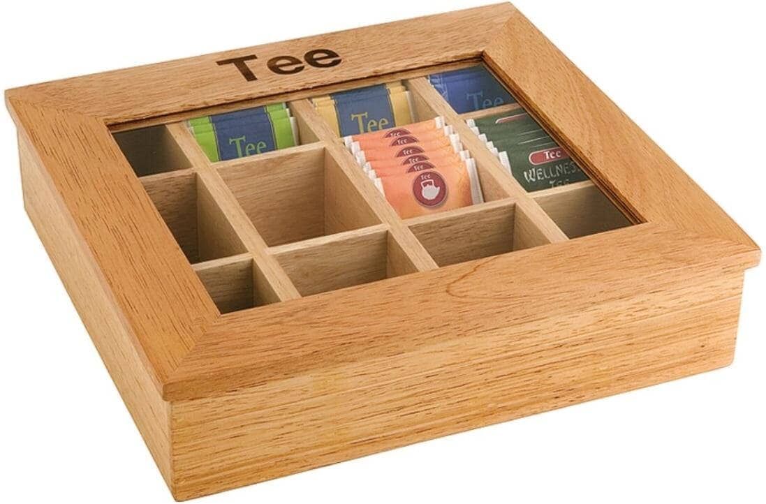 Teebox APS "mit 12 Kammern", braun (hellbraun), B:28cm H:9cm L:30cm, Holz, Lebensmittelaufbewahrungsbehälter, Teebox, Teebox mit Sichtfenster und der Aufschrift Tee hellbraun B/H/L: 28cm x 9cm x 30cm