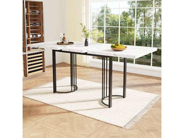 ModernLuxe Esstisch Teleskoptisch, Ausziehbarer Küchentisch (140-179.5x80cm) mit Metallgestell, Rechteckiger Esstisch für Esszimmer und Wohnzimmer, Platzsparend und Verlängerbar, Weiß/Schwarz