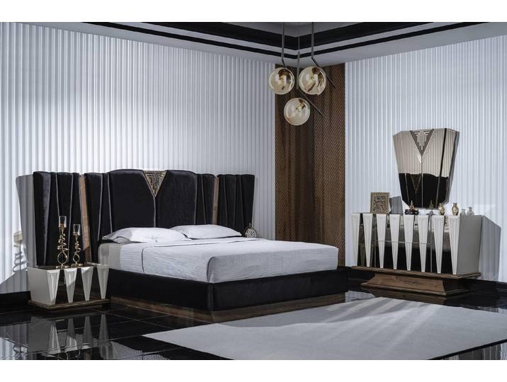 JVmoebel Komplettschlafzimmer Schwarzweißes Holzschlafzimmer-Set mit Spiegel und Nachttisch, (3-tlg., Bett, 2x Nachttische, Schminktisch mit Spiegel), Made in Europa