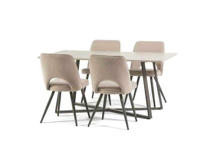 Ensemble de salle à manger avec table rectangulaire DAMIANO en MDF et 4 chaises KETTY rembourrées recouvertes de tissu bouclé