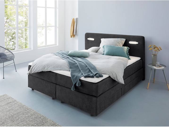 Boxbett, Polyester, Schwarz, 187×211 cm, Mit Schubkästen & LED-Beleuchtung, Modern, Inosign