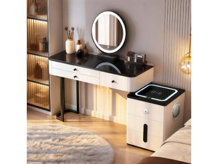 ANHFYS Schminktisch mit Spiegel, 5 Schubladen, Glasplatte, Vormontiert Intelligenter Schminktisch, Multifunktionaler Frisierkommode, Schlafzimmer, Metallgestell, Seitenschrank, Schnelle Montage