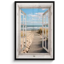 POSTER MIT RAHMEN Fenster - Meer - Küste - Natur - Ausblick - Strand - Wattenmeer 60x90 cm