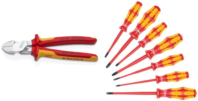 Knipex Set Kraftseitenschneider L.200mm VDE Form 0 Mehrkomp.-Hülsen + Wera 160 iSS/7 Schraubendrehersatz Kraftform Plus Serie 100. Mit reduziertem Klingen- und Griffdurchmesser, 7-teilig