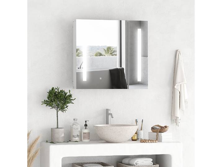 kleankin Armoire Miroir LED SdB 2 Portes Blanc 70x15x65cm