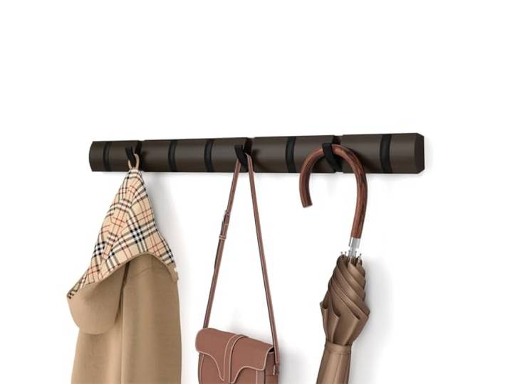 Umbra Flip Garderobenhaken, 8 Haken, Wandmontage, Walnuss/Schwarz Pappelholz, platzsparendes Design, für Flur und Bad, multifunktional nutzbar
