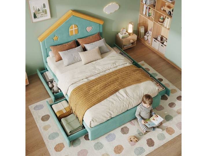 Lit Cabane enfant rembourré 140x200 cm 4 Tiroirs Tête de Lit en forme de Maison Velours Bleu-Vert