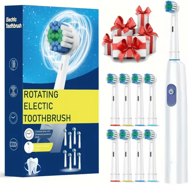 Uplift Curations Rechargeable Electric Toothbrush With Rotary Action 8 Soft Brush Heads Oral Care Set white 8 Heads