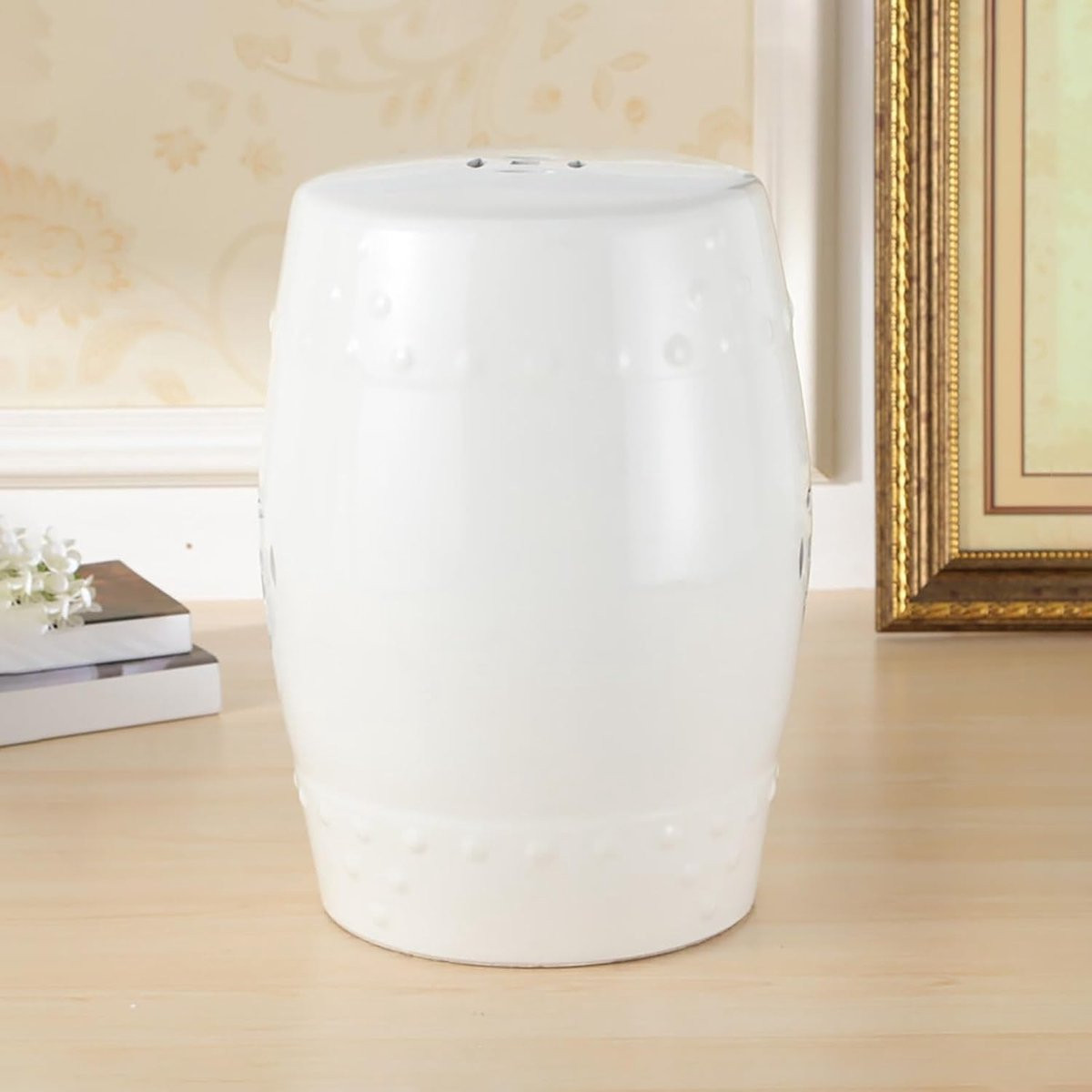Handgeschilderde witte keramische trommelkruk voor woondecoratie - B/D/H: 28 x 46 cm