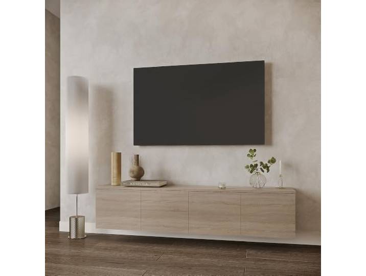KOMTO TV Lowboard Hängend 160 cm Breit, Sideboard Wohnzimmer Hängend TV Unterschrank, Fernsehschrank, 159,8 × 30 × 35 cm, Sonoma Eiche, 4 Klappen