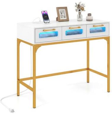 Costway Console Table with LED Lighting and Charging Station for Living Room and Hallway-White