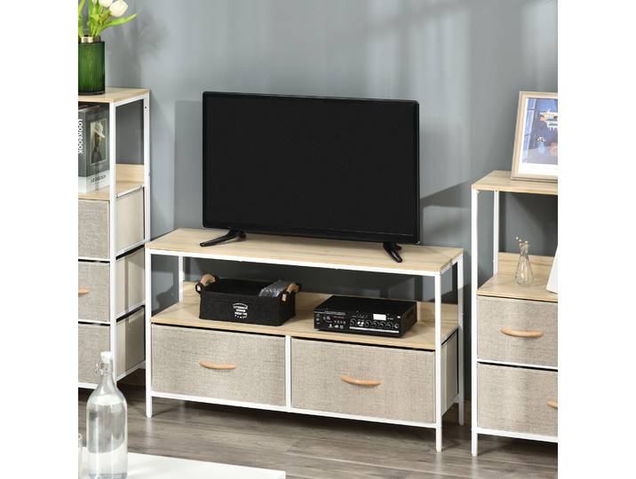 HOMCOM Meuble TV Industriel 2 Tiroirs Tissu Bois/Métal Blanc
