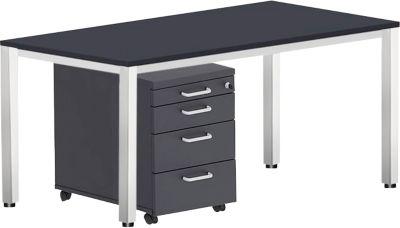 Komplettset BEXXSTAR, Schreibtisch 1600 mm breit und Rollcontainer, Quadratrohrfuß, schwarz