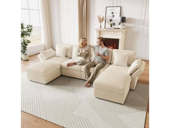 VILUXE U Sofa Ecksofa mit Hocker Cordstoff 290x159,5 cm Beige U Ecksofa mit Hocker, Cordstoff Bezug, Wohnzimmer und Schlafzimmer, für Familien