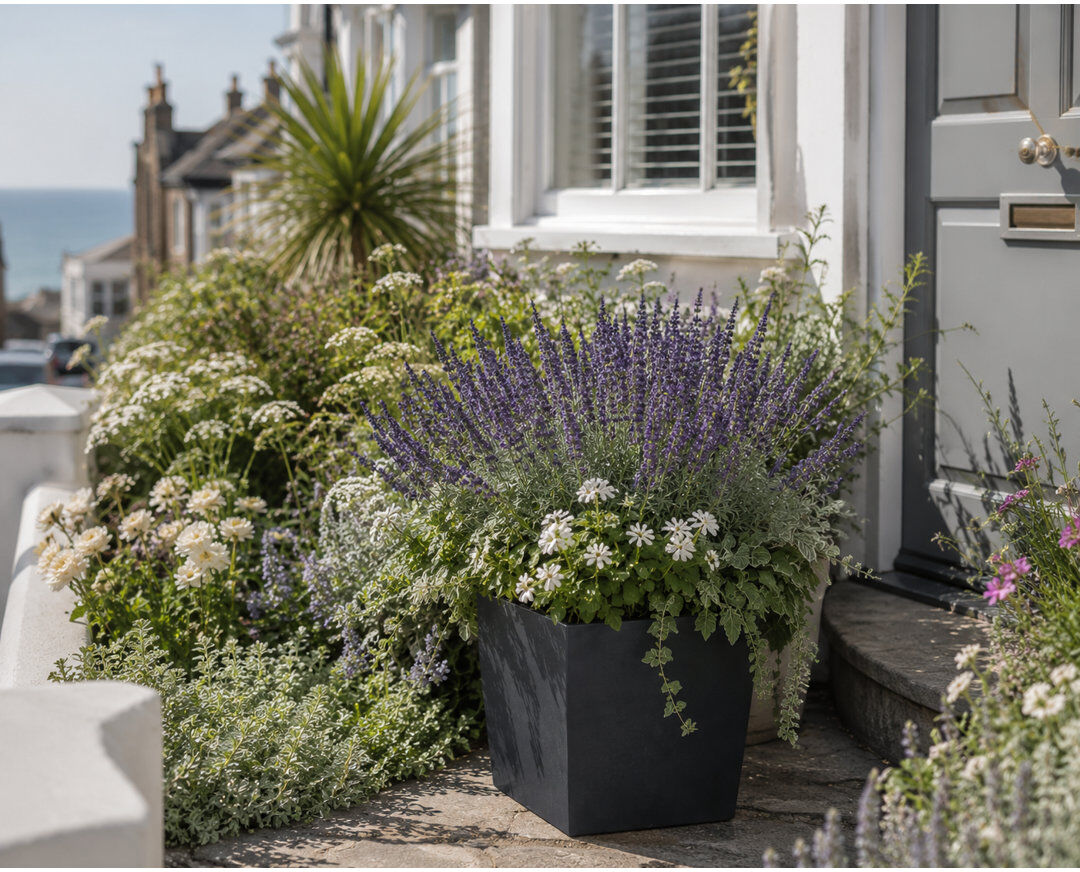 Dakota Fields Daisy Square Stone Effect Planter Pot, Indoor and Outdoor Plant Pot, Frost Resistant with Drainage Hole Black 40cm H x 40cm W x 40cm D