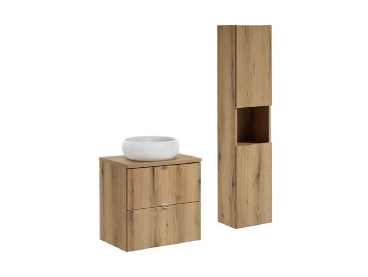 ROYAL24_MARKT Badmöbel-Set - Nova Oak N BM168 - mit Platte, Aufsatzbecken & hohem Schrank, (Komplett Set, 4-St., Premium - Nova Oak N), Hochwertig – Klassisch – Stilvoll.