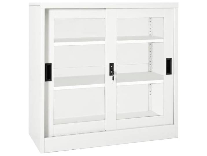 KGHFDVB Schrank mit Schiebetür Weiß 90x40x90 cm Stahl Mit Schloss, 2 Einlegeböden, Gehärtetes Glas, Für Büro und schmale Räume
