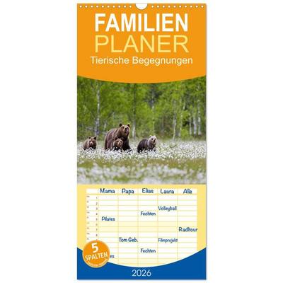 Familienplaner 2026 - Tierische Begegnungen mit 5 Spalten (Wandkalender, 21 x 45 cm) CALVENDO