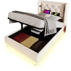 Polsterbett 90x200 Baumwolle mit Stauraum und USB-Anschlüssen – hydraulischer Mechanismus, LED-Beleuchtung, modernes Design in Schwarz