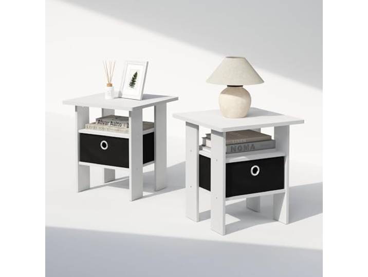 Furinno TIDUR 2er-Set Nachttische mit Aufbewahrungsbox, Weiß Beistelltisch mit offenem Regal, Nachttisch, für Schlafzimmer, Wohnzimmer