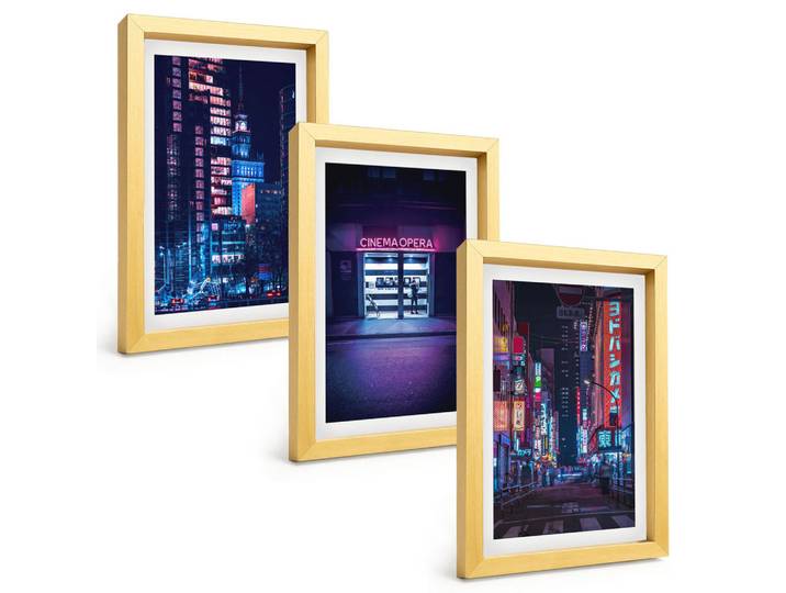Tulup Bilder SET 3er Set - 20x30 cm Goldrahmen - Neon-Eingang zur nächtlichen Stadt, Goldfarben, Kunststoff, Rechteckig, 20x30 cm, gerahmt, Bilder & Rahmen, Bilder