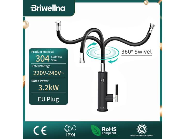 Briwellna robinet électrique avec bec universel chauffe-eau 220V robinet de chauffage chauffe-eau instantané robinet en acier inoxydable Geyser
