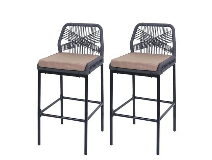 Mendler 2er-Set Barhocker HWC-O21 Metall- anthrazit, Kissen Taupe Outdoor, Sitzpolster, Rope-Barhocker, Seilgeflecht