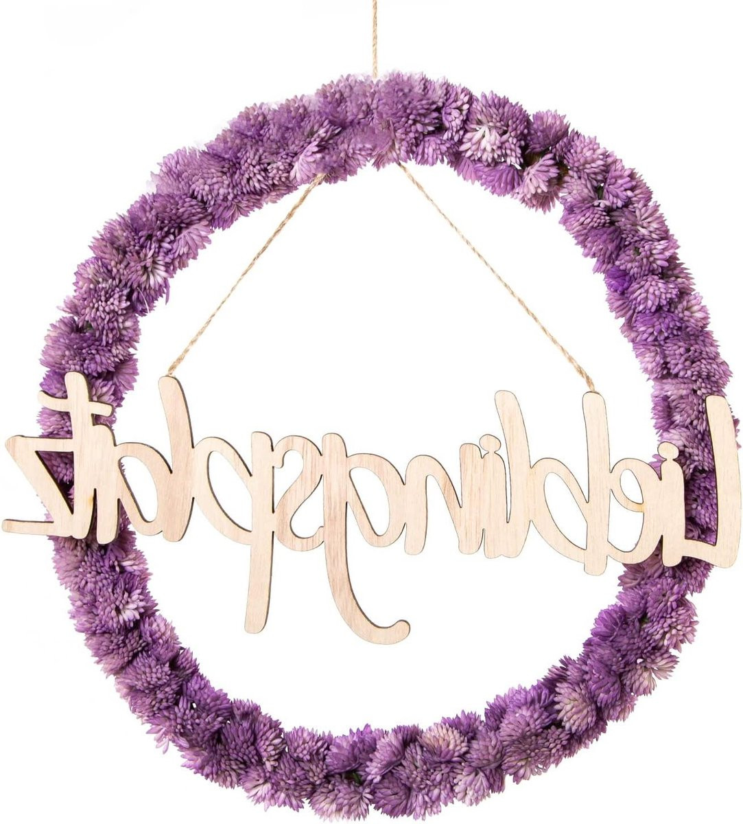 Decoratieve kunstbloemen ring met houten tekstbord - Paarse krans voor wanddecoratie - Rond