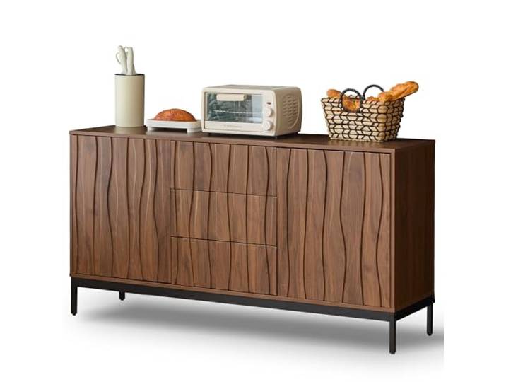 Ropilly Sideboard 150 cm Eiche dunkel gemasert mit 3 Schubladen Mid Century Modern mit Metallfüßen, verstellbaren Einlegeböden und Anti-Kipp-Vorrichtung