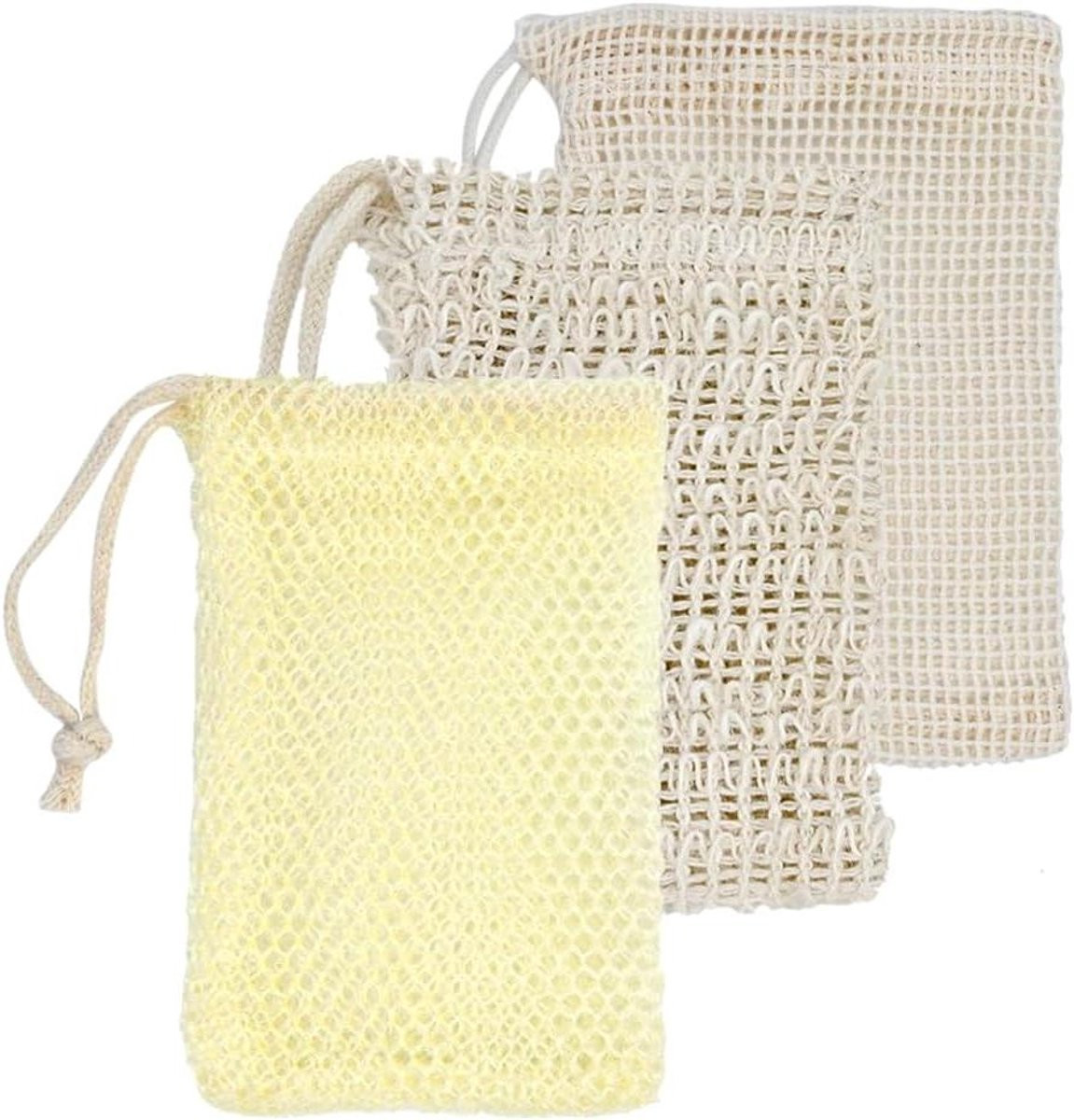 Set van 3 beige zeepzakjes van biologisch katoen voor het reinigen van je huid