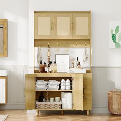 Garvee "71"" Kitchen Pantry Cabinet with Rattan Door"