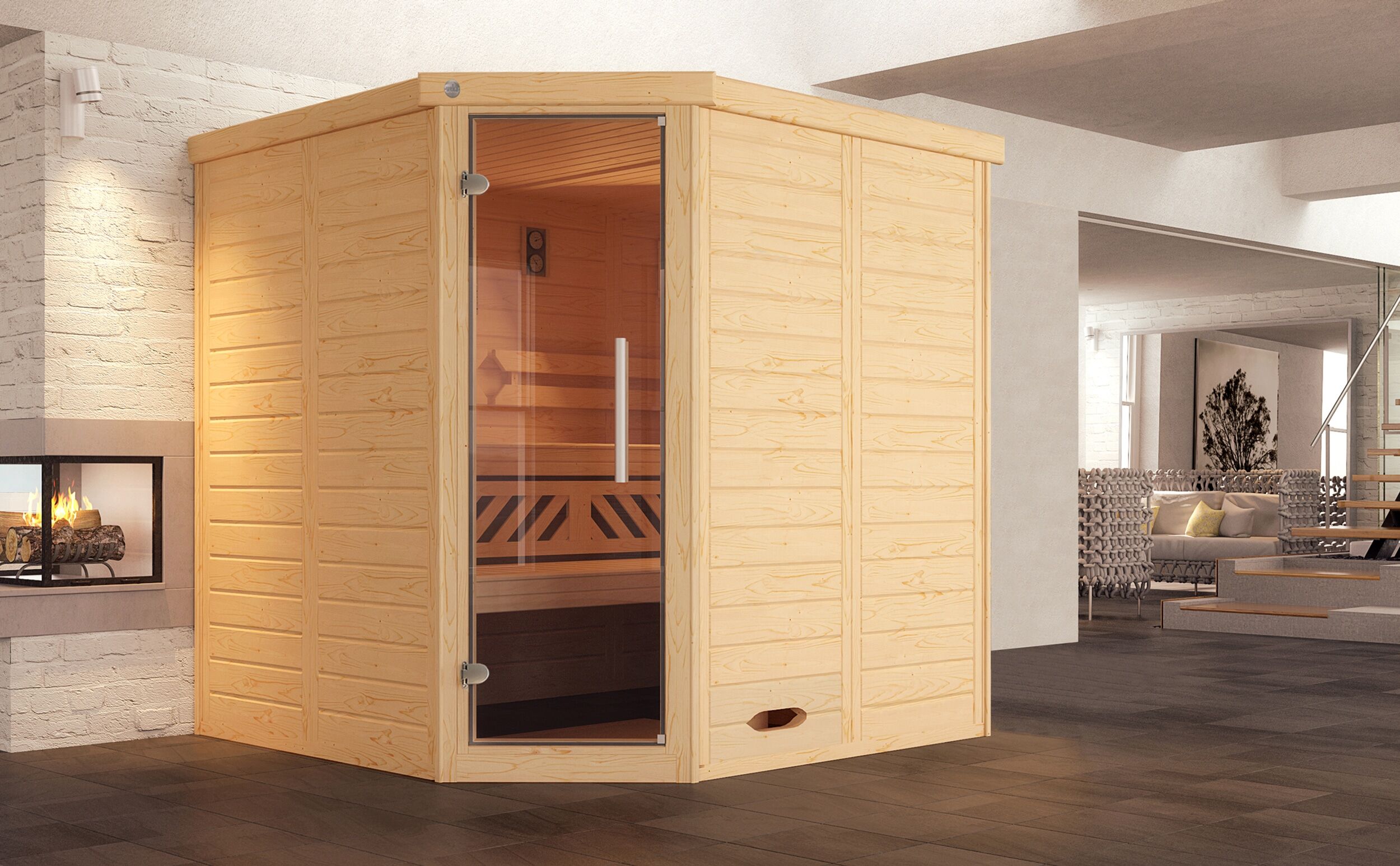 Sauna WEKA "Design-Sauna KEMI Eck 1", beige (natur), ohne Ofen, ohne Steuerung, (ohne Ofen), Saunen, Sauna, naturbelassenes Fichtenholz, moderne Glastür
