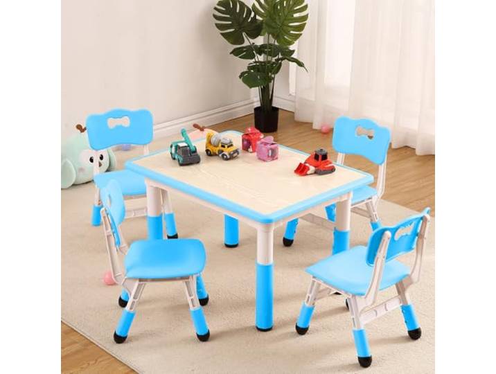 JustSmart Höhenverstellbares Kindertisch- & Stuhlset (1 Tisch + 4 Stühle) – abwischbare Graffiti-Malplatte – ergonomisch & rutschfest – für Spielen, Basteln & Lernen (2–10 Jahre) – Blau