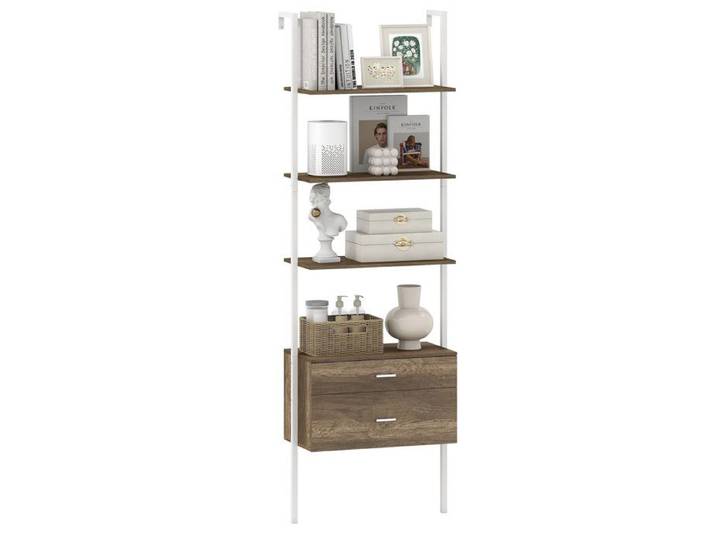 GIANTEX Étagère Murale Moderne-4 Étagères Ouvertes- 2 Tiroirs- Bibliothèque- Cadre en Métal- Chambre Salon- 60x30x184cm- Gris Chêne
