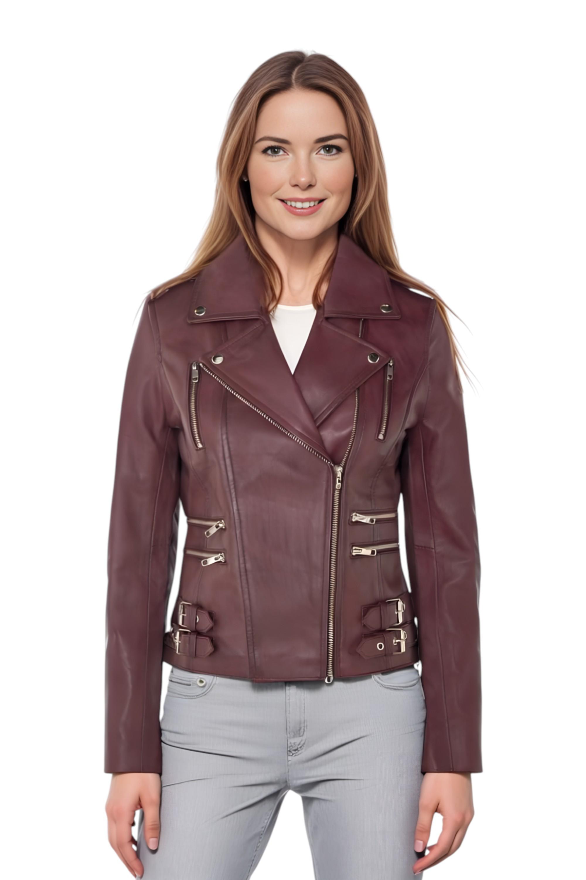 Damen Leder Burgund Brando Bikerjacke-Constantia