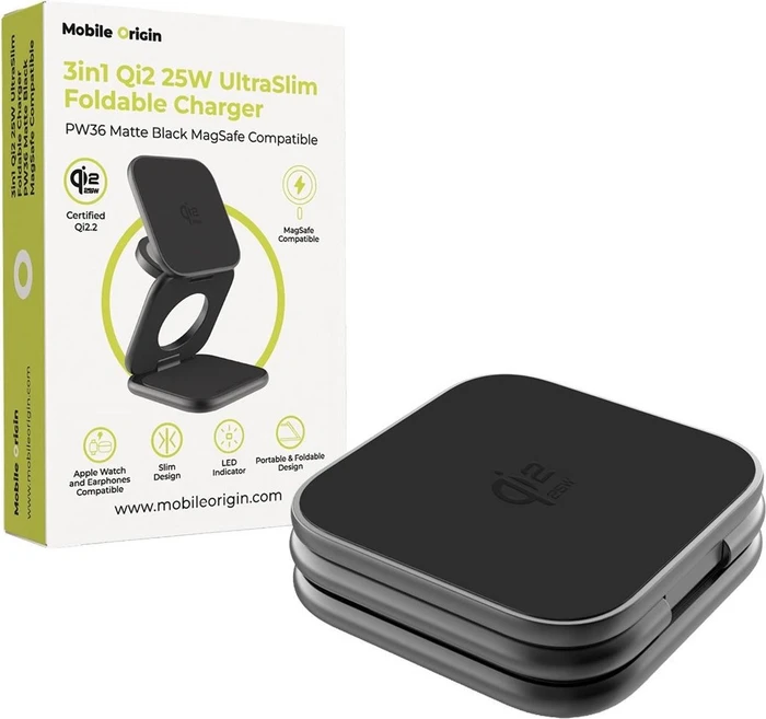 Mobile Origin 3in1 Qi2 25W UltraSlim Foldable Charger PW36 MagSafe Compatible Matte Black