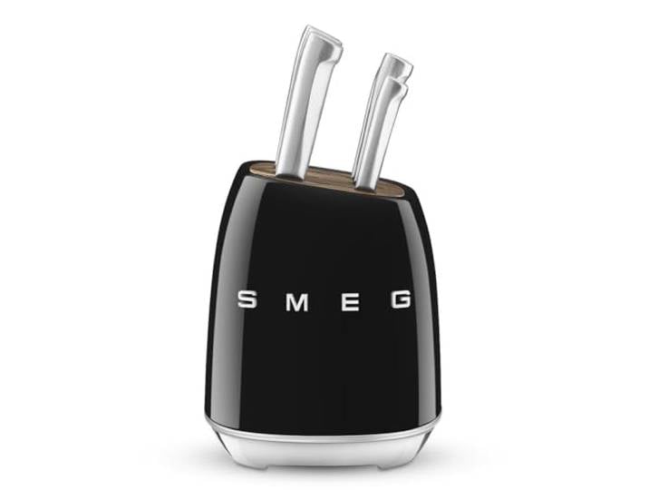 Smeg\, Bloc de Couteaux\, KBSF02BL\, 6 Couteaux Inclus en Acier Inoxydable\, Corps de Bloc en Acier Inoxydable et Fente pour Couteau en Bois d’Acacia\, Noir