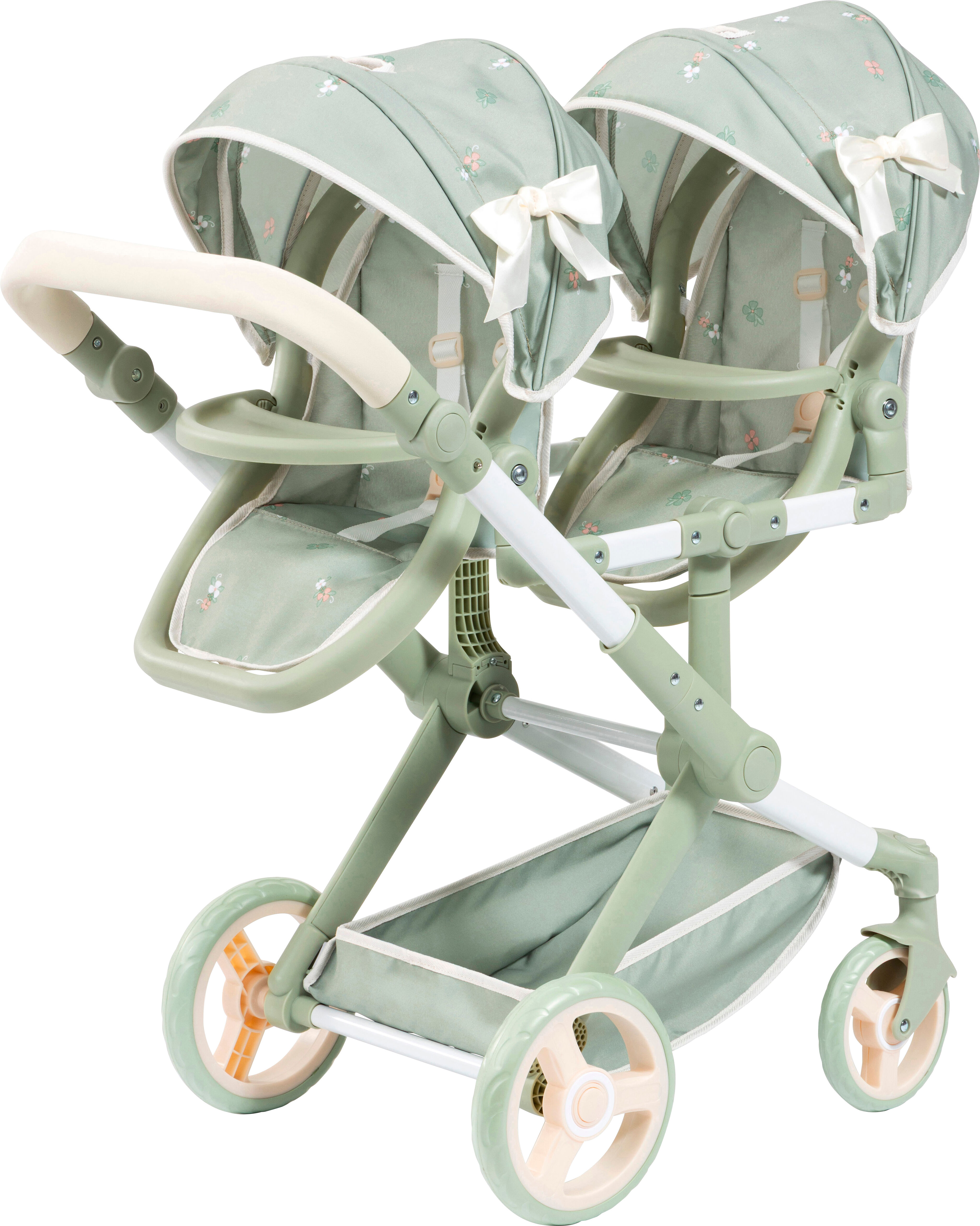 Puppen-Zwillingsbuggy BAYER "Xeo Twin", grün (grün mit blümchen), Puppenwagen, KinderB:35cm H:76,5cm T:80cm, Kunststoff, Metall, Stoff, Puppen-Zwillingsbuggy, mit Wickeltasche, B:35cm H:76,5cm T:80cm