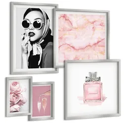 BILDER SET 5er Set - 50x50 cm & 20x30 cm & 40x60 cm Silberner Rahmen - Stilvolle pinkfarbene Accessoires