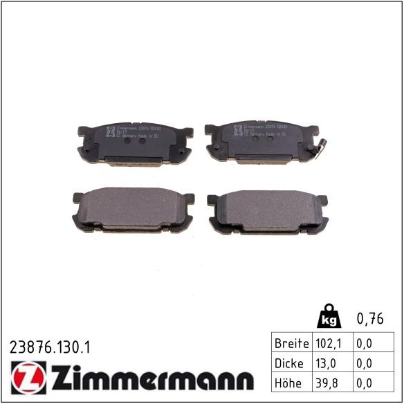 Zimmermann Bremsbelagsatz, Scheibenbremse 238761301 Hinterachse Für Mazda